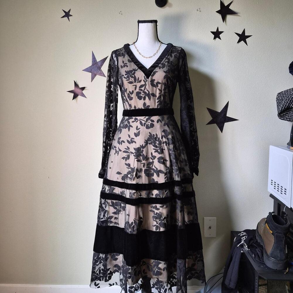 Taylor Velvet Flocked Floral Midi Mesh Dress Whimsigoth Gothic Formal Event XS‎
